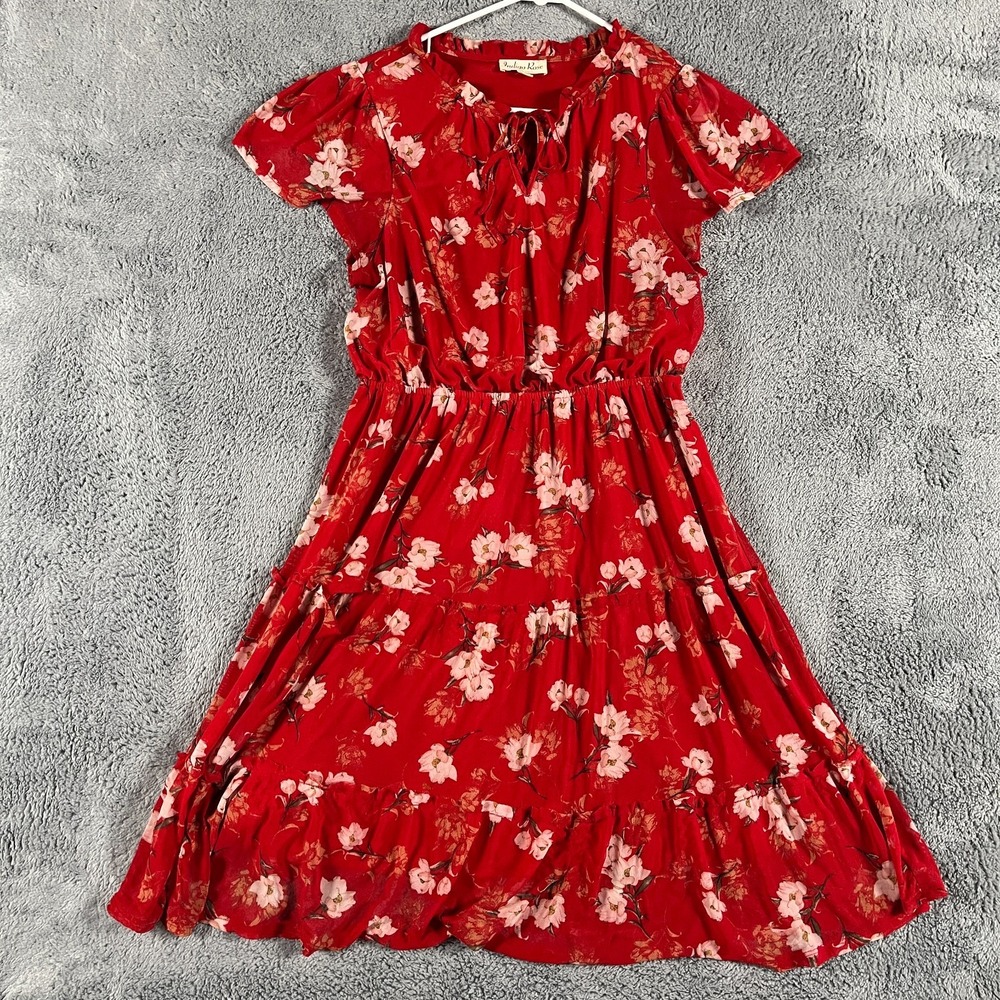 Indigo Rose Mini Dress Womens L Red Floral Lined Stretch Tiered Ruffle Tie Neck